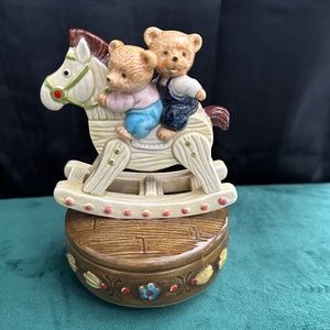 Vintage Otagiri, Music box,  porcelain Rocking horse with bears.